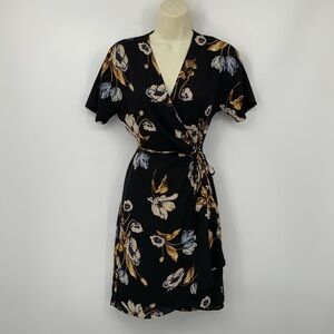 Babaton Aritzia Wallace black floral wrap dress dolman sleeve ruffle XX-Small